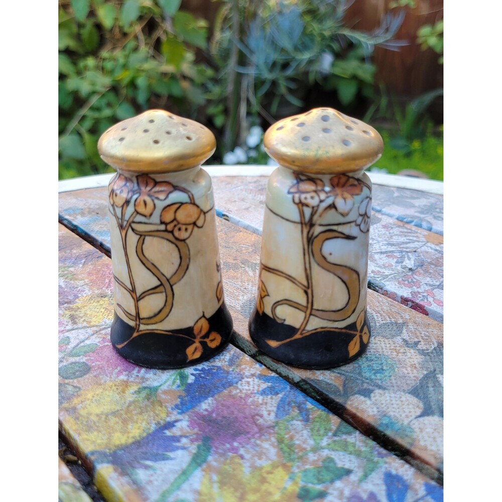 Art Nouveau 1920s Hand-Painted Porcelain Salt & Pepper Shakers - Gilded Gold Top